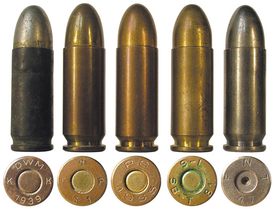 Варианты патронов 9х23 Largo: 1 — немецкого производства периода Гражданской войны; 2-4 — боевые патроны испанского производства; 5 — испанский учебный патрон