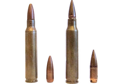 5,56х45 винтовочный патрон М 193. США (слева); 5,56х45 винтовочный патрон SS 109. Бельгия