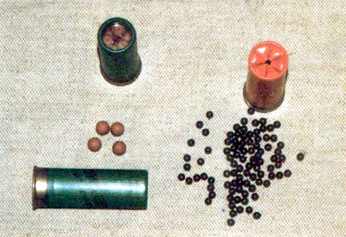 Патроны 12-го калибра с травматическими элементами: слева – французский с резиновой картечью, справа – итальянский с пластиковой дробью