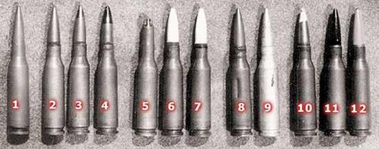 Советские (российские) 5,45-мм автоматные патроны образца 1974 года (5,45?39): 1 – опытный образец с биметаллической гильзой; 2 – с пулей со стальным сердечником; 3 – с трассирующей пулей; 4 – с уменьшенной скоростью пули; 5-7 – холостые патроны (5 – опытный); 8 – учебный патрон; 9 – макетный патрон 10 – эталонный патрон; 11 – патрон с усиленным зарядом; 12 – патрон высокого давления