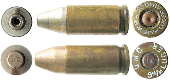Американские патроны 9х19 Luger, снаряженные пулями, аналогичными по конструкции немецким пулям DWM № 278F и 278H