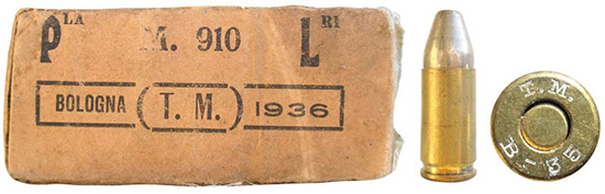 Коробка и патрон 9х19 Glisenti, изготовленные фабрикой Pirotecnico di Bologna в 1936 году