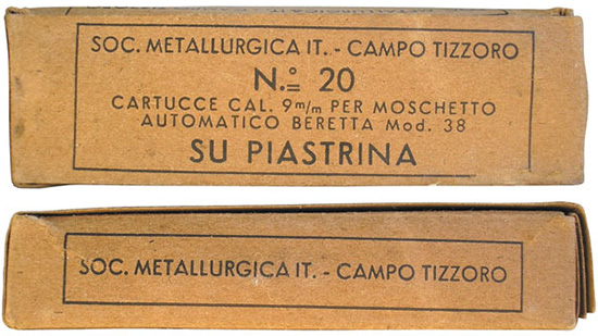 Картонные коробки итальянских военных патронов 9х19 М38
