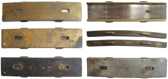 Латунные (слева) и стальная (справа и внизу) обоймы 6,5 мм Арисака. По неизвестным причинам японцы выпускали обоймы калибра 6,5 мм Арисака высотой 4,5 и 5,5 мм