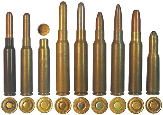 1-3 — послевоенные 6,5 мм «каркано» (3 — киностудийный холостой патрон); 4-9 — различные коммерческие патроны (№5 — переделка патрона 7,35 мм, №6 — финский холостой 7,62х39)