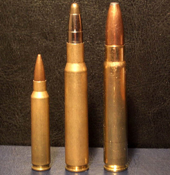 Патрон 9,3×62 мм (справа) в сравнении с .30-06 и .223 Remington
