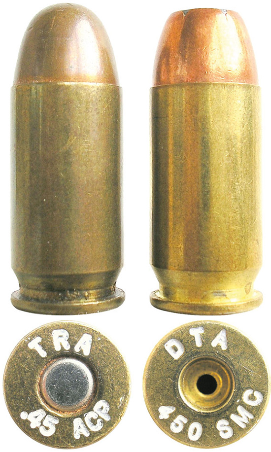 «Классический» патрон .45 АСР (слева) в сравнении с .450 SMC (справа)