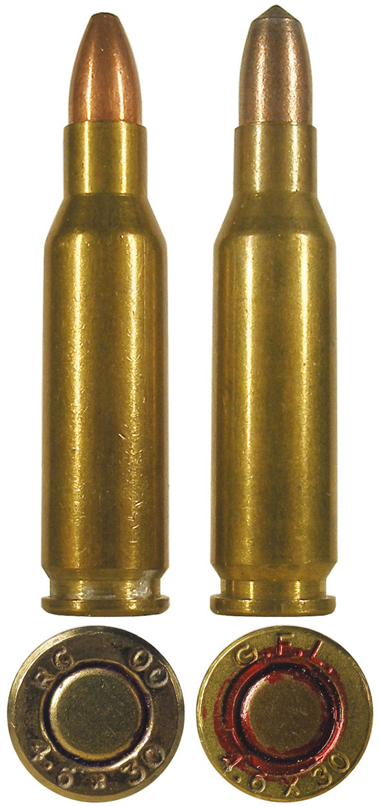 Английский (RG) и итальянский (GFL) патроны 4,6х30 с тренировочными «разрушающимися» пулями (Frangible). Пули сделаны из порошкового сплава и покрыты тонким слоем томпака