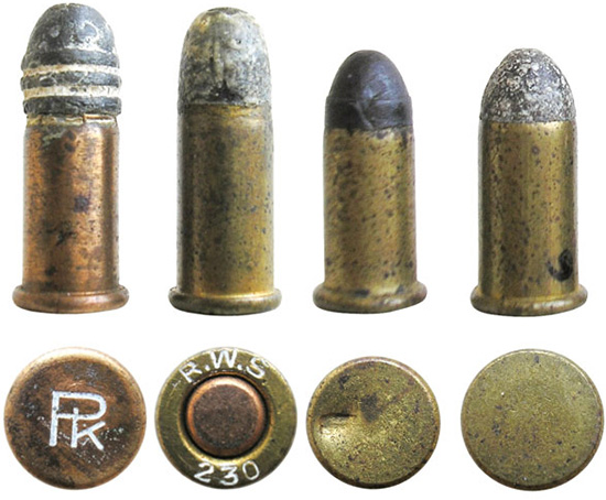Миниатюрные патроны: .22 Short (слева — для сравнения), .230 Revolver CF, 5 mm French Revolver; 6 mm Merveilleux
