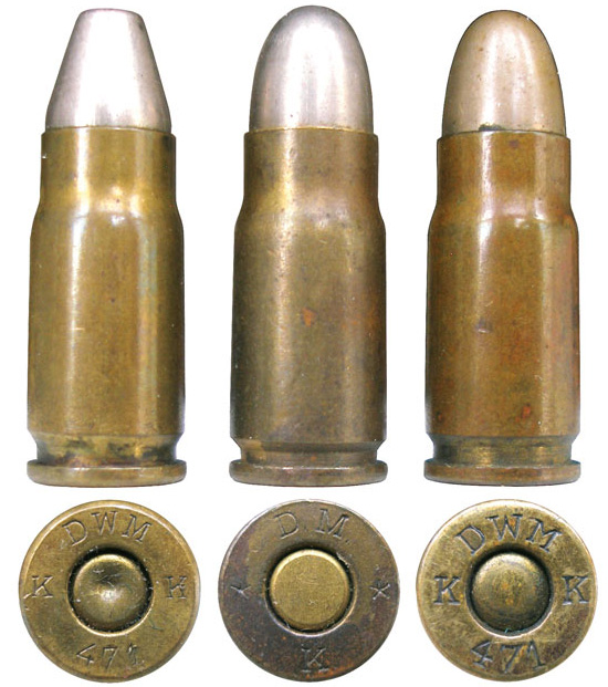 Немецкие патроны 7,65х21 Luger: 1 — с цилиндроконической пулей DWM 261L; 2, 3 — с оживальной пулей DWM 261