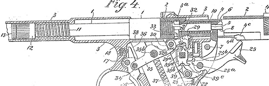 Ствол и затвор пистолета Frommer М1901 в крайнем за днем положении при выстреле (US Patent № 802 279)
