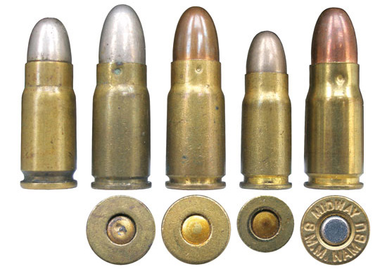 Патрон 7,65 Luger (№ 1) в сравнении с патронами 8 mm Nambu (№ 2, 3 и 5) и 7mm Nambu (№ 4)