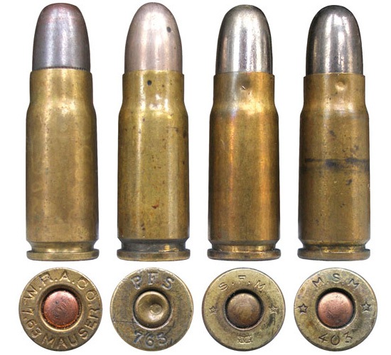 7,63-мм «маузеры» разных стран: 1 — американского производства (Winchester Repeating Arms Company); 2 — швейцарские (Patronen Fabrik Solothurn); 3-4 — французские (Société Française de Munitions)