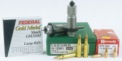 Компоненты для снаряжения: набор матриц RCBS из двух частей, капсюли Large-Rifle и пули диаметром .277.