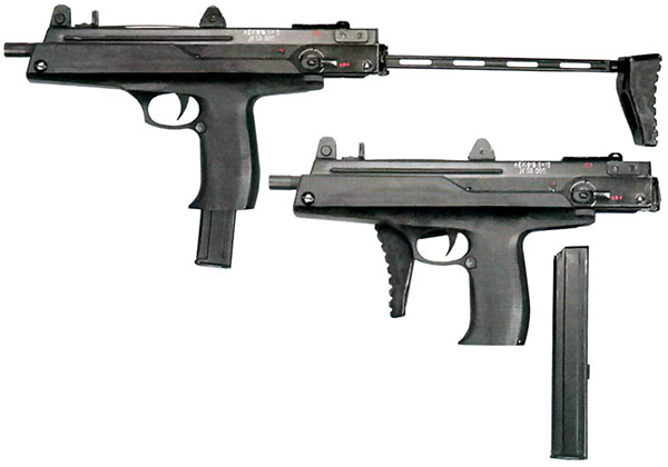 Пистолет-пулемет АЕК-918 с разложенным и сложенным откидным прикладом (вид слева) и извлеченным магазином на 30 патронов