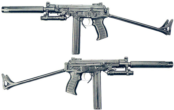 Пистолет-пулемет ОЦ-02 «Кипарис» с разложенным прикладом, с лазерным целеуказателем (ЛЦУ) и прибором бесшумной стрельбы (ПБС)