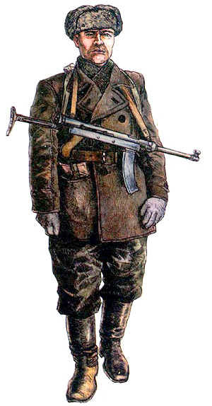 Боец Тульского рабочего полка с пистолетом-пулеметом Коровина и гранатой РГД-33 осенью 1941 г., в дни боев на подступах к городу