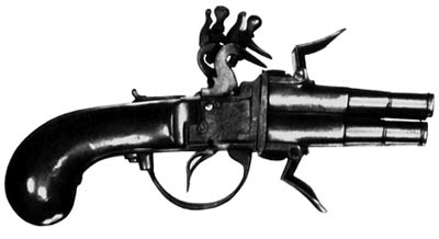 Малый карманный пистолет с вращающимися четырьмя стволами и с французскими батарейными ударно-кремневыми замками. XVIII век