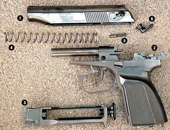 Детали пистолета МР-654К: 1 - затвор, 2 - рамка со стволом, 3 - «магазин» с клапанным устройством, 4 - возвратная пружина, 5 - ударник, 6 - предохранитель