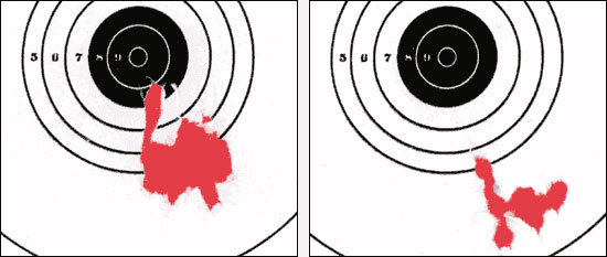 Результаты стрельбы из пистолета МР-654К стальными шариками (слева) и свинцовыми пулями. В обоих случаях было сделано по 10 выстрелов, дистанция 5 метров. Стрельба велась без регулировки прицельного приспособления. При стрельбе свинцовыми пулями пистолет превращается в однозарядный, а для вкладывания пули в ствол приходится снимать затвор и отделять магазин. Занятие довольно бессмысленное, но интересна сама возможность применения помимо шариков свинцовых пуль