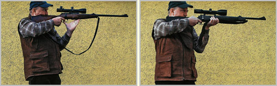 Слева: Неправильная изготовка для динамической стрельбы из крупнокалиберного оружия. Справа: Несколько лучше