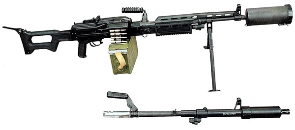 АЕК-999 «Барсук» с прибором малошумной стрельбы (ПМС). Вид справа. Внизу отомкнутый от пулемета ствол со штатным пламегасителем-компенсатором-дульным тормозом вместо ПМС