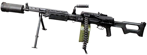 Единый пулемет АЕК-999 «Барсук» с прибором малошумной стрельбы (ПМС). Вид слева