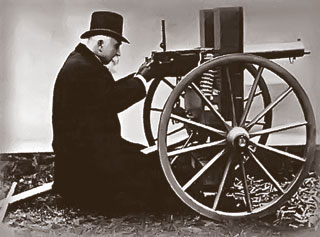 Хайрем Максим со своим изобретением. 1884 год