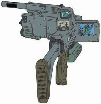 Приспособление «Корнер Шот» со смонтированным в нем 9-мм самозарядным пистолетом «Беретта» с глушителем. Видно также крепление телекамеры и осветителя. США — Израиль, 2003