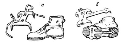 Четырехзубые кошки, которыми пользовались в годы Великой Отечественной войны советские горные стрелки: а — кошка могла крепиться к обуви ремнем; б — кошка могла крепиться к обуви наглухо