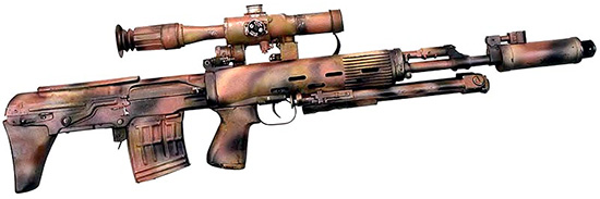 Снайперская винтовка СВУ-АС с оптическим прицелом и пламегасителем в камуфлированной окраске. Вид справа. Сошки сложены