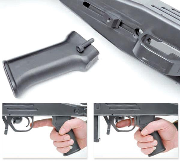 Пистолетная рукоятка крепится к ложе винтом и фасонной гайкой и имеет возможность продольной регулировки
