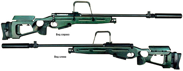Снайперская винтовка СВ-98 под патроны 7,62x53R – снайперский 7Н1 или спортивный «Экстра». Созданная на основе спортивной винтовки «Рекорд» с прибором малошумной стрельбы (ПМС), сложенными сошками и съемной рукояткой для переноски