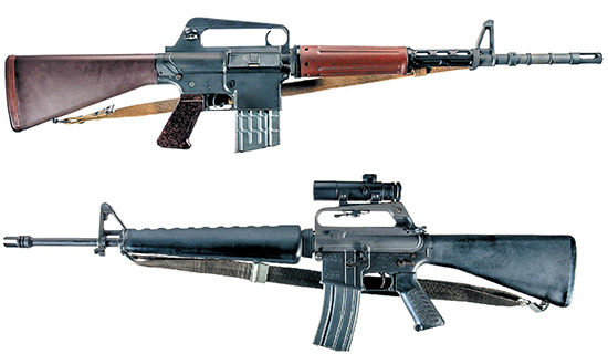 История популярности винтовок AR-15 начиналась с Armalite AR-10 (вверху) и Colt AR-15, выпущенной специально для гражданского рынка