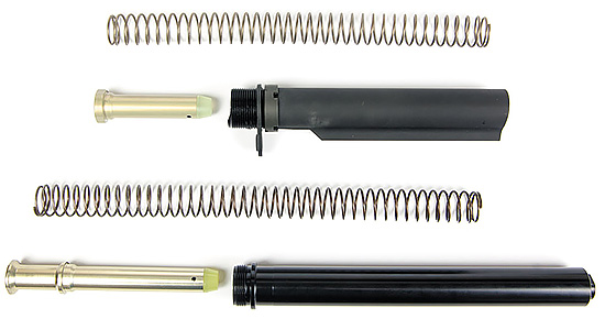 Трубы прикладов, пружины и буферы отдачи для карабина (вверху) и для винтовки существенно отличаются