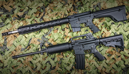 Colt Competition PRO CRP (вверху) — полноценная винтовка со спортивным тюнингом для требовательных стрелков. Для сравнения — рядом с типичным карабином типа AR-15 в базовом обвесе производства DPMS 