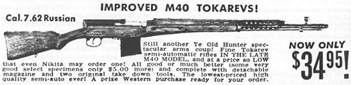 В конце 50-х годов фирма Interarmco закупила в Финляндии большое количество различного оружия, в том числе и винтовок Токарева, для продажи на внутреннем рынке США. На иллюстрации рекламное объявление часто встречавшееся в американских оружейных журналах начала 60-х годов