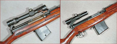 Для винтовки были разработаны несколько типов крепления оптического прицела. Слева опытная винтовка Токарева 1936 года с оптическим прицелом. Справа серийная СВТ-40 в снайперском исполнении