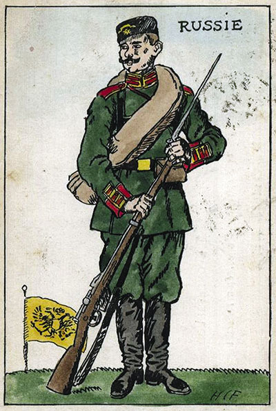 Трехлинейная винтовка стала символом России. Это хорошо иллюстрирует французская открытка времен Первой мировой.