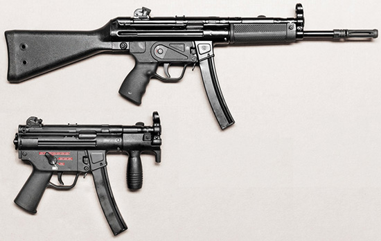 Т94 А2 (общая длина — 810 мм, длина ствола — 270 мм) и MP5-KA4 (общая длина 320 мм, длина ствола — 115 мм); общая база — разные задачи