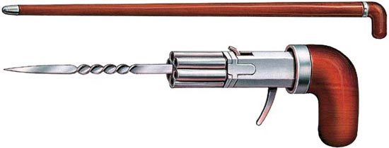 Трость оружейного мастера Николя Симона (Франция, 1895 год). Рукоятка представляет собой 6-ствольный «пепербокс» под патроны кольцевого воспламенения, со складным спусковым крючком и винтообразно закрученным штыком-стилетом