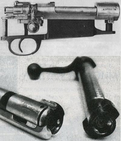 Невзирая на внешнее сходство с системой Маузера, затвор винтовки Ruger 77 (верхнее фото) досылает патрон в патронник без предварительного захвата закраины выбрасывателем. Кроме того, подобно ремингтоновскому затвору (нижнее фото), он использует плунжерный эжектор.