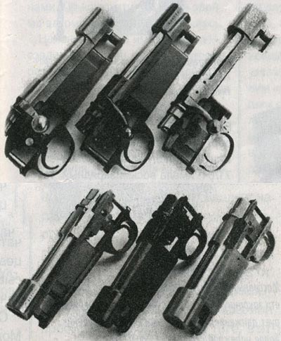 Слева направо: Три коммерческих варианта маузеровской системы –
испанская Santa Barbara, югославская Mark X и бельгийская FN. Они имеют
регулируемые спусковые механизмы, предохранители, приспособленные для
использования оптики, и еще ряд улучшений.
